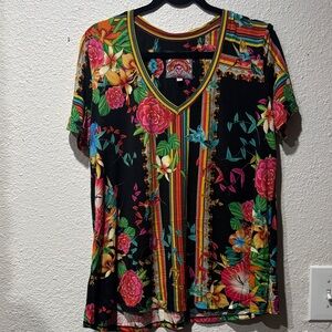 Johnny Was Multicolor Floral V-Neck Tee